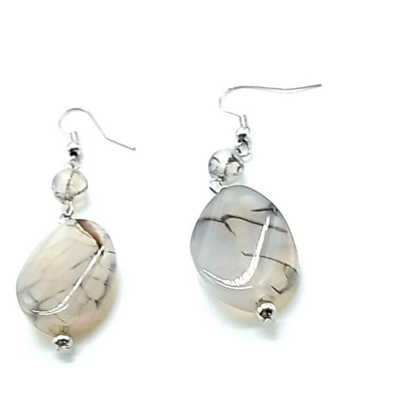 Marbled Acrylic Beaded Dangle Earrings on Silver-tone Coiled Fishhook Wire - Picture 3 of 8
